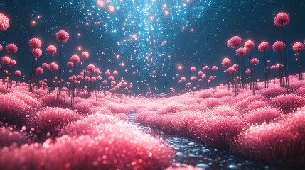 Pink Dust Rises From an Alien Planet Covered In Abstract Textures As the Sky Forms Digital Stars and Matrix Patterns In Glowing Blue Fantasy