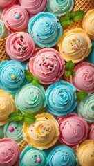 An overhead shot of colorful pastel ice cream arranged with waffle cone pieces and mint