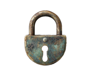 Weathered padlock, aged brass finish showing patina and verdigris, keyhole visible, isolated on black