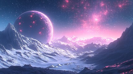 Pink Dust Rises From an Alien Planet Covered In Abstract Textures As the Sky Forms Digital Stars and Matrix Patterns In Glowing Blue Fantasy