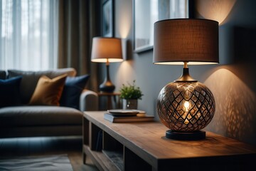 A cozy living room scene features two table lamps providing warm lighting. The foreground lamp is ornate