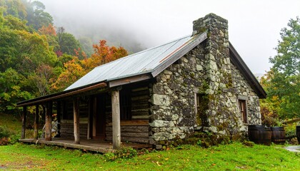 Obraz premium Handcrafted Log Cabin with Stone Chimney