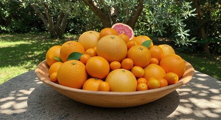 Bowl of fresh citrus fruits in garden setting