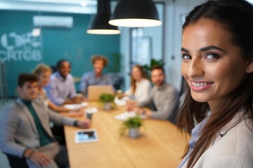 A smiling businesswoman in the foreground is standing in front of a meeting in progress. 