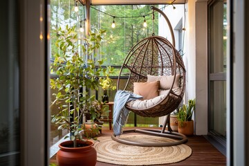 A cozy balcony features a hanging chair, round rug, and potted plants.