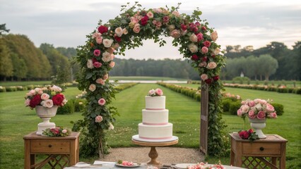 Wedding cake outdoors under a floral arch in a garden setting. The cake is four-tiered, white, and topped with flowers.

