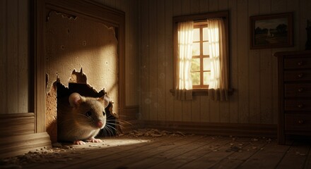A small mouse peeks out of a hole in the wall, searching its new home. 