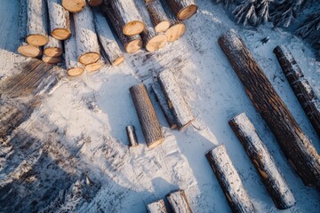 Aerial view of timber logs in snowy environment amidst forest