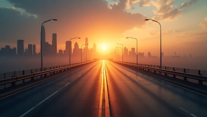 Obraz premium City highway traffic at sunset with lights and urban landscape