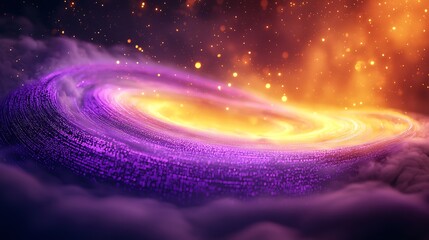 Smoke Rings Encoded In Data Swirl Over a Digital Galaxy As Violet Fractal Bloom and Yellow Light Transform the Atmosphere