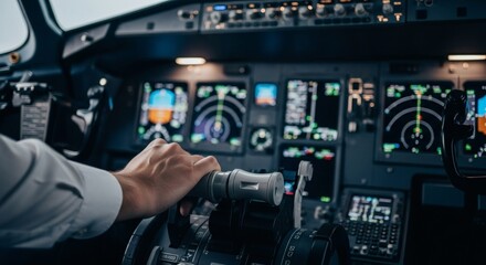 Detailed Close-Up of a Pilot’s Hand Gripping the Throttle in a Commercial Jet Cockpit, with Flight Instruments and Navigation Screens Blurred in the Background for Depth and Focus on Precision Control