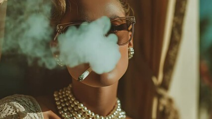 A woman smoking a cigarette is wearing sunglasses and a pearl necklace. - Powered by Adobe