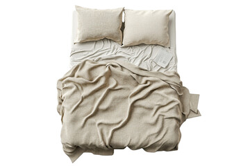 Overhead view of an unmade bed with a beige linen duvet and two pillows, a book lies on the bed