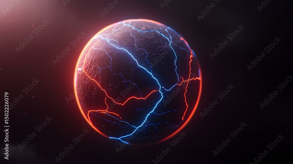 Poster the image shows a dark, cracked sphere with glowing blue and orange lines traversing its surface, se