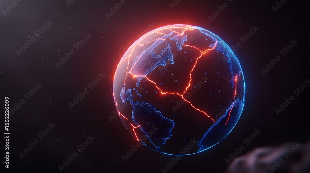 Poster the image contains a digital rendering of a planet earth, depicted as a dark sphere with glowing blu