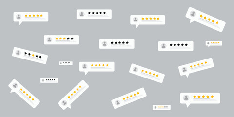 Five star rating. Five star rating displayed in a speech bubble. User comment, Feedback, Review and rate.