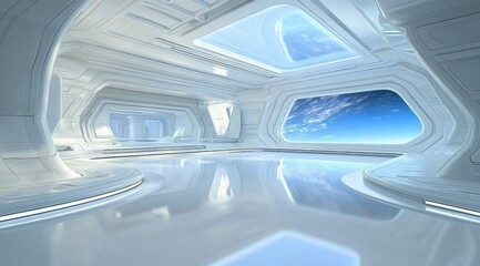 Fototapeta premium Futuristic white interior, spacious corridor