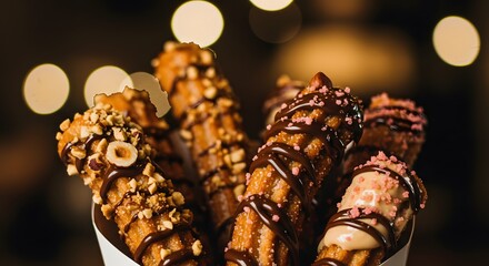 Delicious Churros Indulge in Gourmet Flavors of Chocolate, Nuts, and Sprinkles - Sweet Treat Perfection