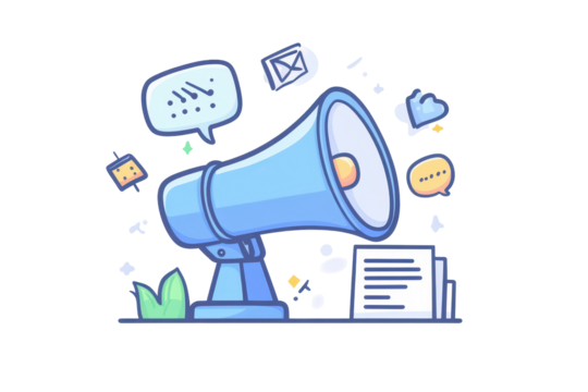 A light-blue megaphone surrounded by digital communication icons, papers, and foliage, symbolizing modern outreach - Powered by Adobe