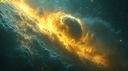 Surreal Storm Forms Above a Glowing Astral Surface Where Yellow Smoke Swirls Around a Planet Surrounded By Soft Dust and Star Trails