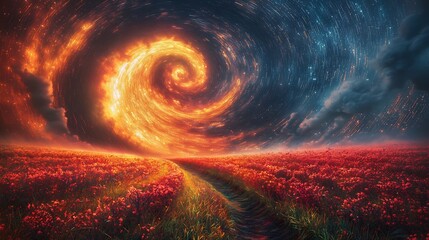 Swirl of Light Travels Across a Textured Horizon As Bloom Smoke Trails Rise Through Coded Stars and Cyber Sky Patterns