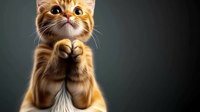 Adorable orange tabby cat with pleading expression, set against a dark background, capturing emotion