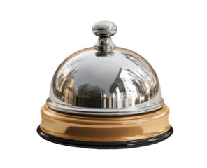Polished silver dome-shaped bell on a gold base, reflecting surroundings