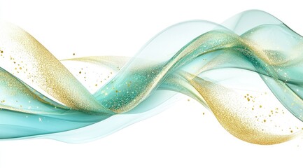 Abstract teal and gold swirling ribbons on white background