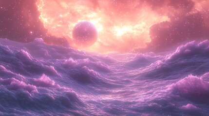 Textured Violet Shadows Drift In a Pink Atmosphere Where Planets Rest Behind Glowing Stars and Ethereal Cloud Bloom