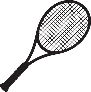 Tennis racket with ball. Icon of racquet for court. Logo of tennis rocket and ball isolated on white background. Sport equipment for game, match, competition. Silhouette for club of badminton. Vector