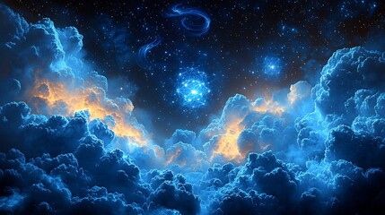 The Sky Becomes a Story As Blue Dust Spirals Into Marble Clouds Around Fractal Star Blooms and Soft Ink Motion