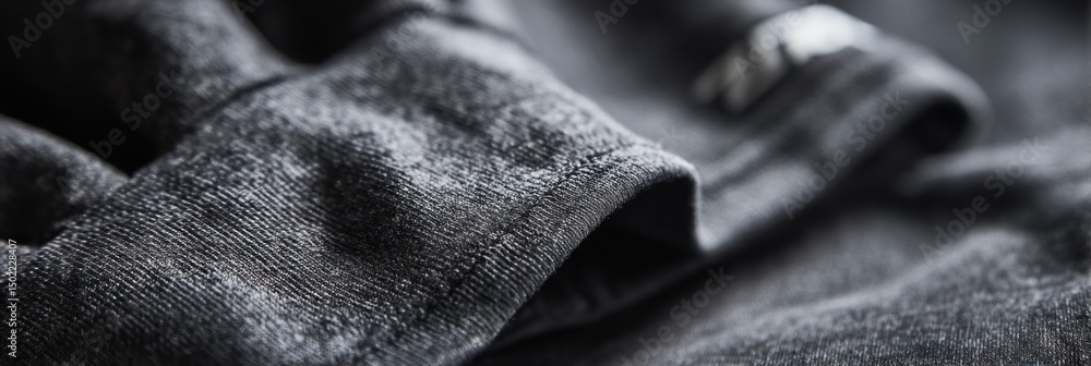 Aufkleber detail of logo on elastic waistband captured in soft lighting with focus on texture and fabric