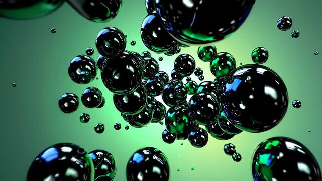 Dynamic black spheres in green space: mesmerizing movement of floating objects
