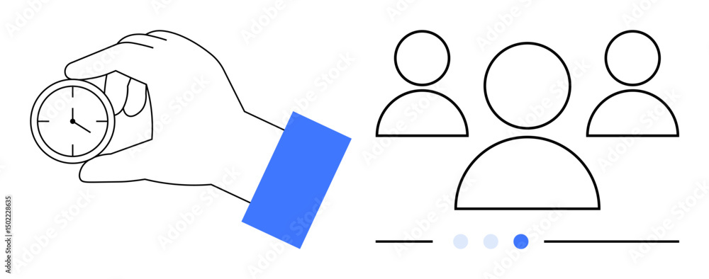 Poster hand with clock symbolizes time management near group icons signifying collaboration, progress. idea