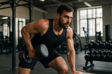 young man exercising with dumbbell
