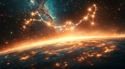 Unity Painted As Stars Linked By Strands of Light Orbiting a Glowing Planet With Gas and Bloom In Perfect Motion