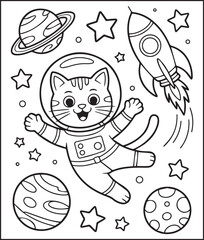 Cute astronaut cat in space rocket and planet around outline vector for children coloring page or book design