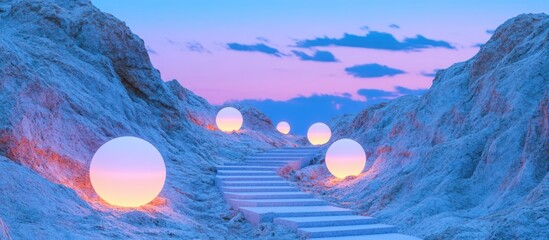 Surreal Stairway to Enlightenment: Luminous Orbs Guide the Ascent at Twilight