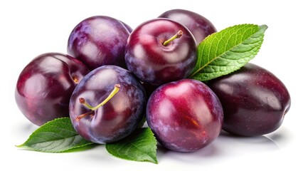 Isolated Plums with Leaves: High-Resolution Stock Photo, Fresh Fruit, Juicy Plums, Green Leaves,  Nature Photography, Food Image, Culinary Background, Plum Branch,  Organic Produce