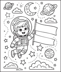 Cute astronaut boy in space planet around outline vector for children coloring page or book design