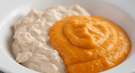 Pureed chicken with carrot cream. Dysphagia-friendly senior meal, high-protein, smooth consistency