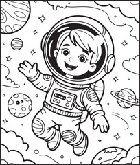 Cute astronaut boy in space planet around outline vector for children coloring page or book design