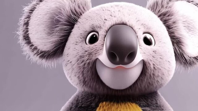 Cute cartoon koala character holding a yellow object against a soft gray background