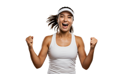 Excited Woman Celebrating Success with Arms Raised on White Background