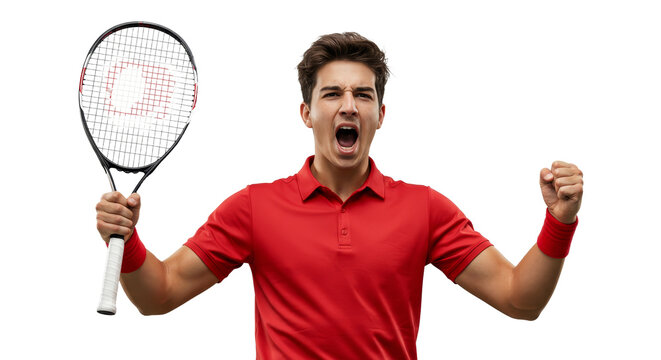 Tennis Player Celebrating Victory with Racket in Hand Excitement