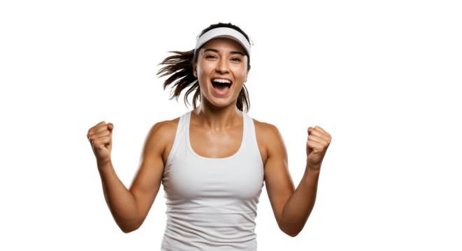 Excited Woman Celebrating Success with Arms Raised on White Background