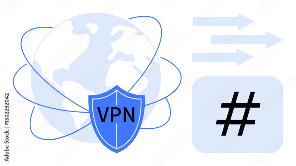 Aufkleber globe with orbit lines, vpn shield, secure metadata tag icon, and arrows signifying data flow. ideal