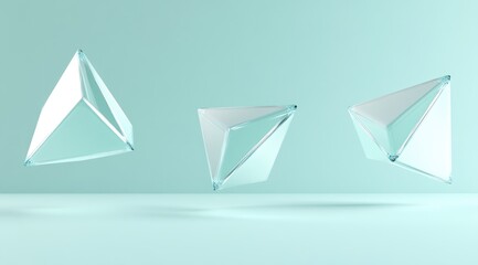 Three translucent, triangular prisms levitate against a mint-green backdrop
