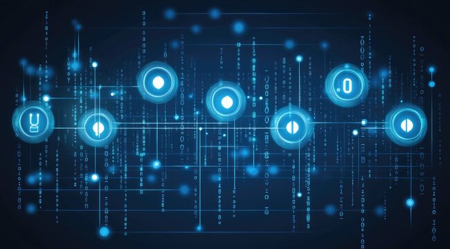 Abstract digital network graphic with glowing icons and binary code