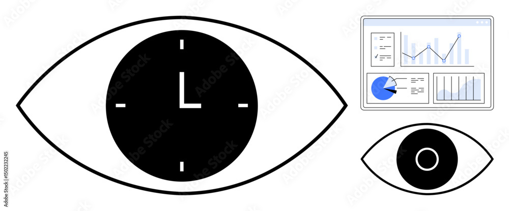 Poster eye with clock at center, small chart with graphs and pie, reflecting focus on time tracking, data a